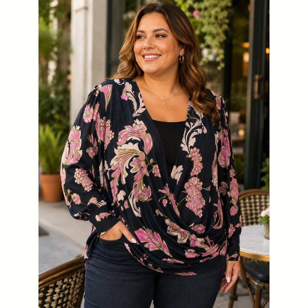 Karen Kane NWT Drape Front Top Women 3X Black Pink Floral Surplice Neck Blouse